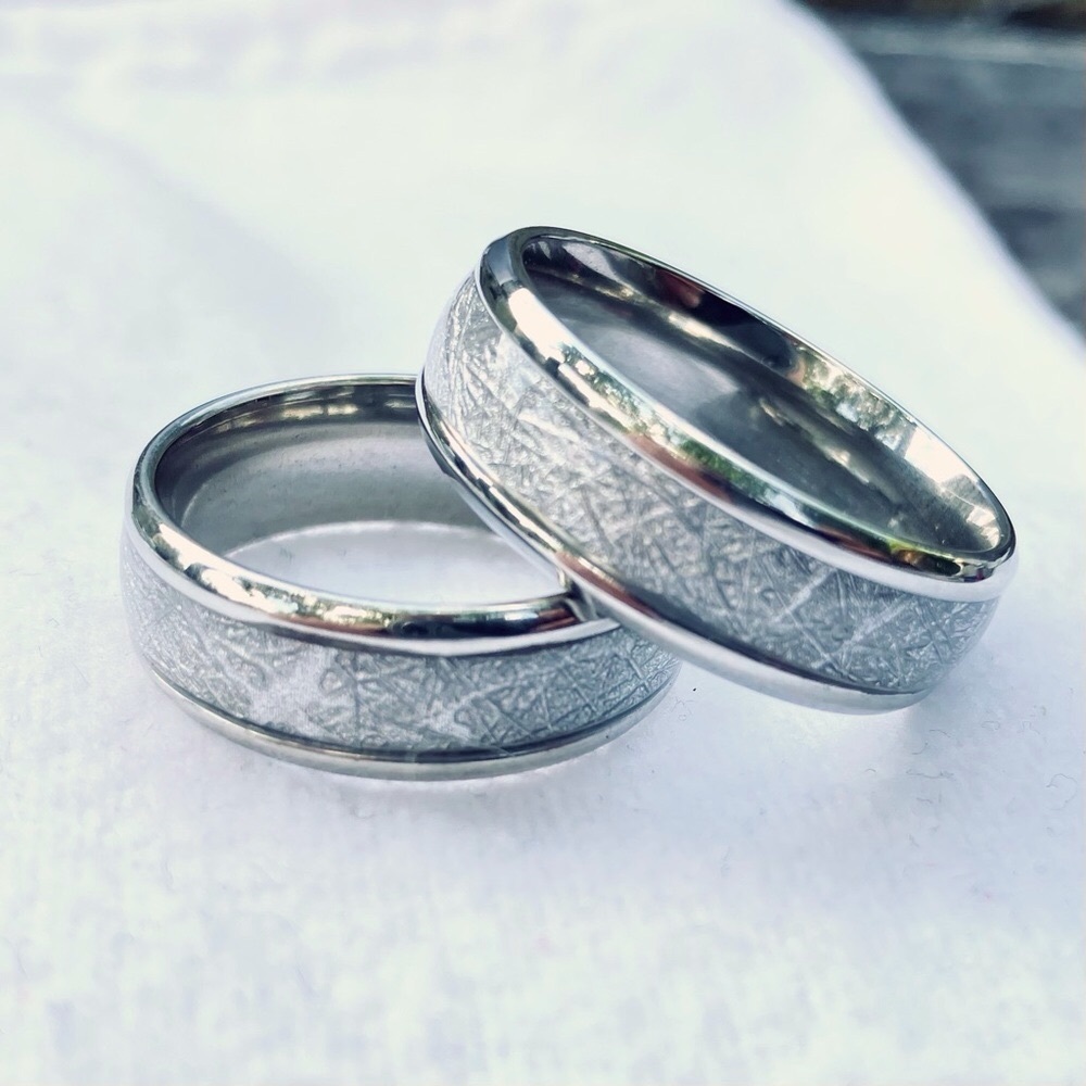 Stainless Steel Band Ring With Metallic Silver Inlay